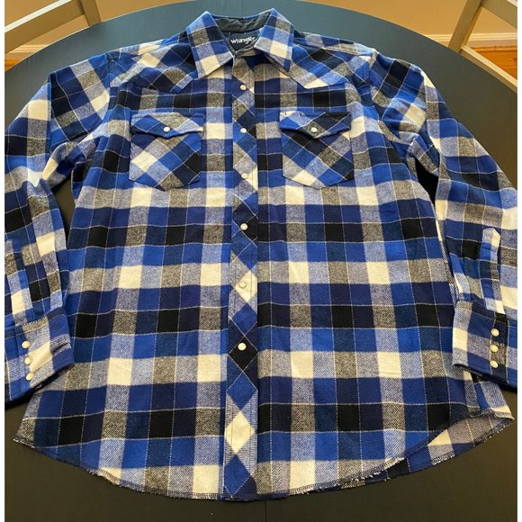 Wrangler Western Shirt Men Large Blue Plaid Flannel Pearl Snap Cowboy Pockets - Picture 8 of 16